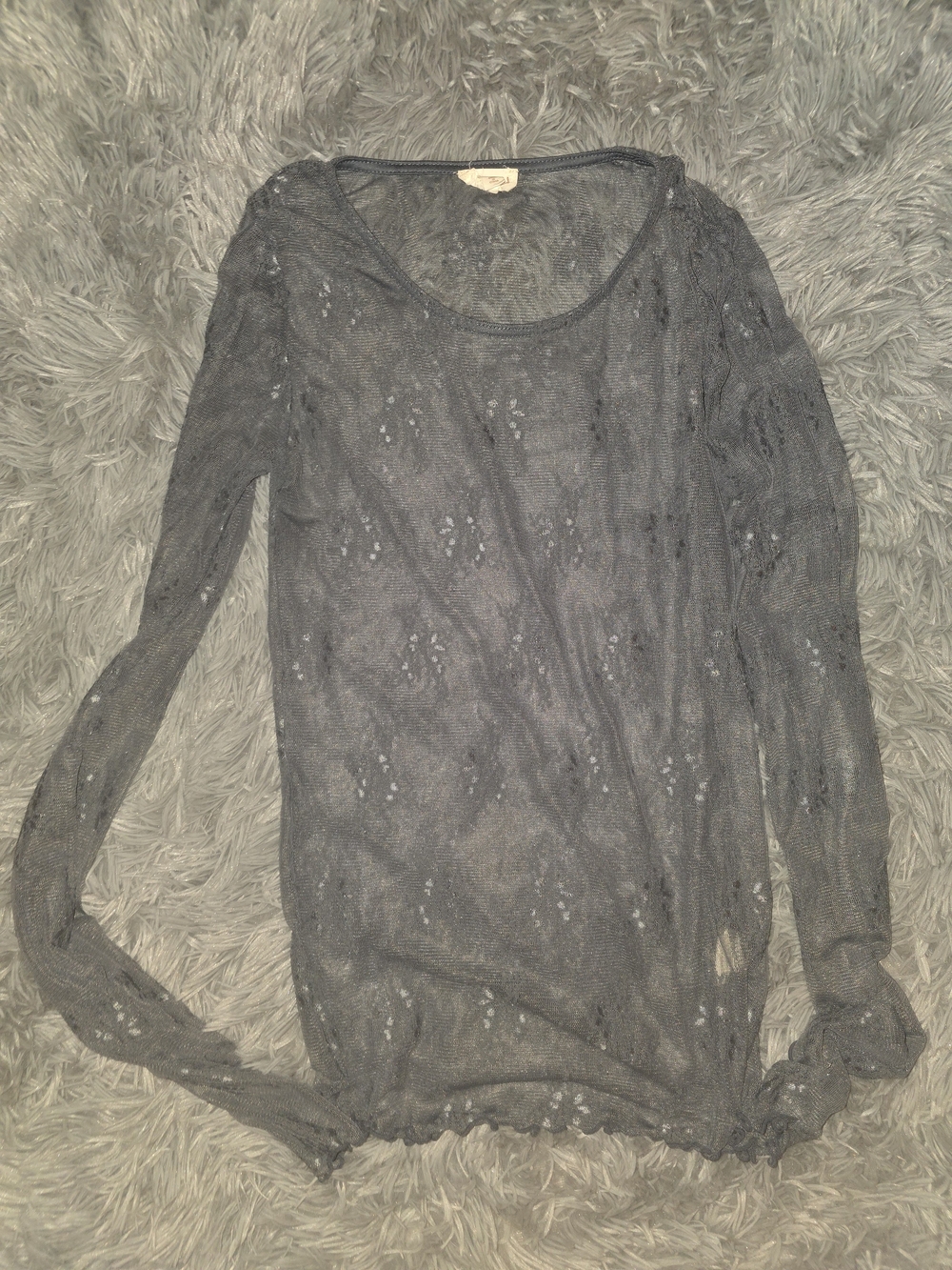 Hem & Thread Sheer Open-Knit Long Sleeve Top - Gray/blue